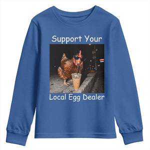 Support Local Dealer Chicken Farmer Youth Sweatshirt Funny Animal Graphic Chicken Drinking Iced Coffee