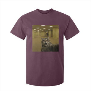 Funny Cat Selfie with Bigfoot Sasquatch Backrooms Liminal Space Meme T Shirt For Kid TS10 Maroon Print Your Wear