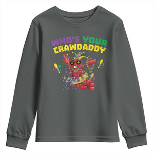Mardi Gras Crawfish Youth Sweatshirt Whos Your Crawdaddy Jester Beads TS10 Dark Heather Print Your Wear