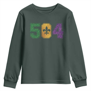 Mardi Gras 504 Nola New Orleans Louisiana Youth Sweatshirt Glitter Print Fleur de Lis TS10 Dark Forest Green Print Your Wear