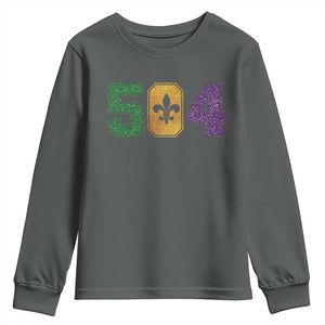 Mardi Gras 504 Nola New Orleans Louisiana Youth Sweatshirt Glitter Print Fleur de Lis TS10 Dark Heather Print Your Wear