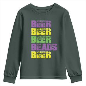 Funny Mardi Gras Youth Sweatshirt Retro Beer Beads Fat Tuesday Festival Celebration TS10 Dark Forest Green Print Your Wear