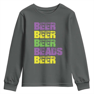 Funny Mardi Gras Youth Sweatshirt Retro Beer Beads Fat Tuesday Festival Celebration TS10 Dark Heather Print Your Wear