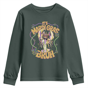 It's Mardi Gras Bruh Youth Sweatshirt Glitter Print Crawfish Beads TS10 Dark Forest Green Print Your Wear