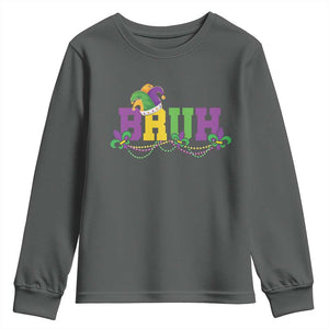 Bruh Mardi Gras Youth Sweatshirt Carnival New Orleans Trip Parade Outfit Teens Boys Kids TS10 Dark Heather Print Your Wear