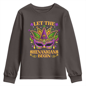 Let The Shenanigans Begin Mardi Gras Youth Sweatshirt Masquerade Mask Beads TS10 Dark Chocolate Print Your Wear