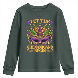 Let The Shenanigans Begin Mardi Gras Youth Sweatshirt Masquerade Mask Beads TS10 Dark Forest Green Print Your Wear