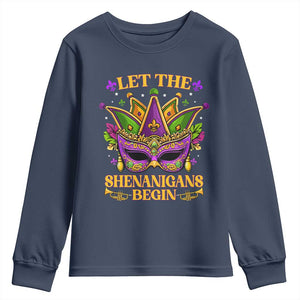 Let The Shenanigans Begin Mardi Gras Youth Sweatshirt Masquerade Mask Beads TS10 Navy Print Your Wear