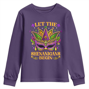 Let The Shenanigans Begin Mardi Gras Youth Sweatshirt Masquerade Mask Beads TS10 Purple Print Your Wear