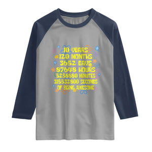 10th Birthday Gifts Raglan Shirt Flowers 10 Years Of Being Awesome 10 Year Old Bday TS10 Sport Gray Navy Print Your Wear