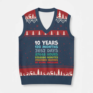 10 Year Old Bday V-Neck Knit Sweater Vest 10 Years 120 Months Of Being Awesome 10th Birthday Gifts TS10 Navy Red Print Your Wear