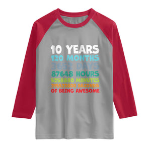 10 Year Old Bday Raglan Shirt 10 Years 120 Months Of Being Awesome 10th Birthday Gifts TS10 Sport Gray Red Print Your Wear