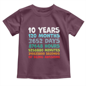 10 Year Old Bday Toddler T Shirt 10 Years 120 Months Of Being Awesome 10th Birthday Gifts TS10 Maroon Print Your Wear