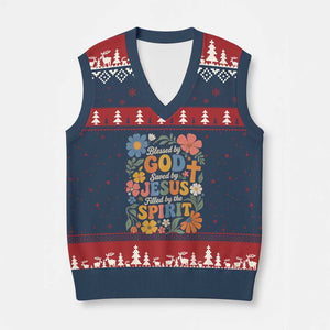 Boho Floral Christian V-Neck Knit Sweater Vest Blessed Saved By Jesus Cross Flower TS10 Navy Red Print Your Wear