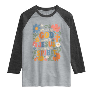 Boho Floral Christian Raglan Shirt Blessed Saved By Jesus Cross Flower TS10 Heather Gray Heather Charcoal Print Your Wear