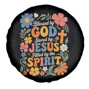 Boho Floral Christian Spare Tire Cover Blessed Saved By Jesus Cross Flower TS10 Print Your Wear