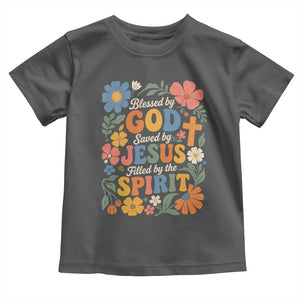 Boho Floral Christian Toddler T Shirt Blessed Saved By Jesus Cross Flower TS10 Dark Heather Print Your Wear