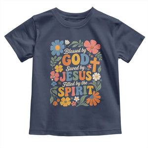 Boho Floral Christian Toddler T Shirt Blessed Saved By Jesus Cross Flower TS10 Navy Print Your Wear