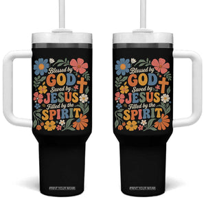Boho Floral Christian Tumbler With Handle Blessed Saved By Jesus Cross Flower TS10 One Size: 40 oz Black Print Your Wear