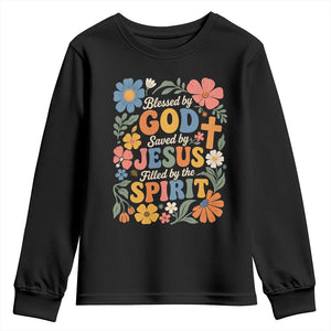 Boho Floral Christian Youth Sweatshirt Blessed Saved By Jesus Cross Flower TS10 Black Print Your Wear