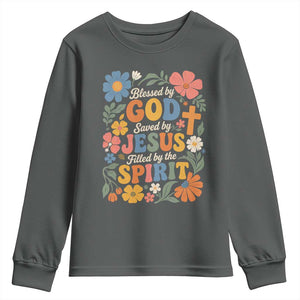 Boho Floral Christian Youth Sweatshirt Blessed Saved By Jesus Cross Flower TS10 Dark Heather Print Your Wear