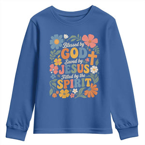Boho Floral Christian Youth Sweatshirt Blessed Saved By Jesus Cross Flower TS10 Royal Blue Print Your Wear