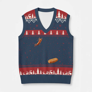 Funny Hot Dog V-Neck Knit Sweater Vest Hotdog Jumping Into Bun Sausage BBQ Grilling High Dive TS10 Navy Red Print Your Wear