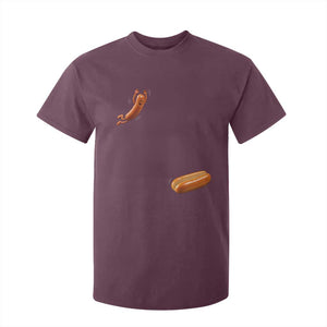 Funny Hot Dog T Shirt For Kid Hotdog Jumping Into Bun Sausage BBQ Grilling High Dive TS10 Maroon Print Your Wear