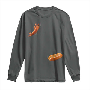 Funny Hot Dog Long Sleeve Shirt Hotdog Jumping Into Bun Sausage BBQ Grilling High Dive TS10 Dark Heather Print Your Wear