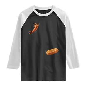 Funny Hot Dog Raglan Shirt Hotdog Jumping Into Bun Sausage BBQ Grilling High Dive TS10 Black White Print Your Wear