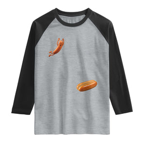Funny Hot Dog Raglan Shirt Hotdog Jumping Into Bun Sausage BBQ Grilling High Dive TS10 Heather Gray Black Print Your Wear