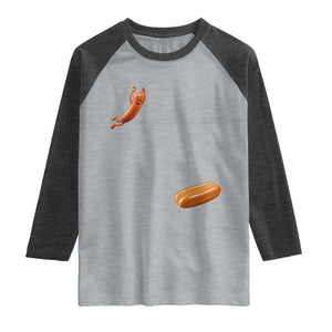 Funny Hot Dog Raglan Shirt Hotdog Jumping Into Bun Sausage BBQ Grilling High Dive TS10 Heather Gray Heather Charcoal Print Your Wear