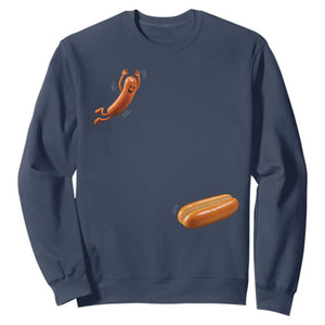 Funny Hot Dog Sweatshirt Hotdog Jumping Into Bun Sausage BBQ Grilling High Dive TS10 Navy Print Your Wear