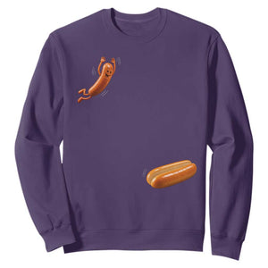 Funny Hot Dog Sweatshirt Hotdog Jumping Into Bun Sausage BBQ Grilling High Dive TS10 Purple Print Your Wear