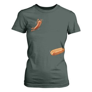 Funny Hot Dog T Shirt For Women Hotdog Jumping Into Bun Sausage BBQ Grilling High Dive TS10 Dark Forest Green Print Your Wear