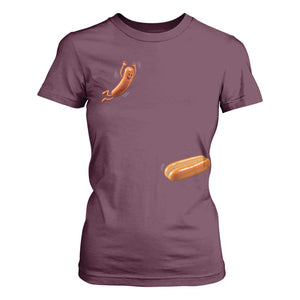Funny Hot Dog T Shirt For Women Hotdog Jumping Into Bun Sausage BBQ Grilling High Dive TS10 Maroon Print Your Wear