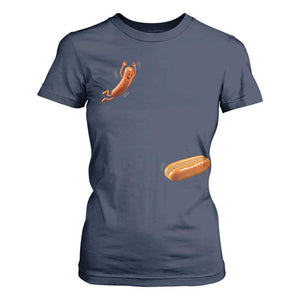 Funny Hot Dog T Shirt For Women Hotdog Jumping Into Bun Sausage BBQ Grilling High Dive TS10 Navy Print Your Wear