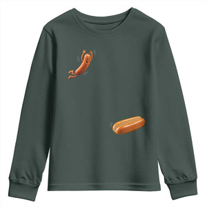 Funny Hot Dog Youth Sweatshirt Hotdog Jumping Into Bun Sausage BBQ Grilling High Dive TS10 Dark Forest Green Print Your Wear