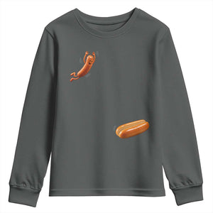 Funny Hot Dog Youth Sweatshirt Hotdog Jumping Into Bun Sausage BBQ Grilling High Dive TS10 Dark Heather Print Your Wear