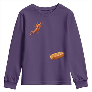 Funny Hot Dog Youth Sweatshirt Hotdog Jumping Into Bun Sausage BBQ Grilling High Dive TS10 Purple Print Your Wear
