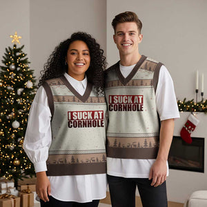 I Suck At Cornhole V-Neck Knit Sweater Vest Funny Bean Bag Toss Game TS10 Mocha Mousse Print Your Wear