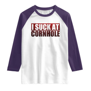 I Suck At Cornhole Raglan Shirt Funny Bean Bag Toss Game TS10 White Purple Print Your Wear