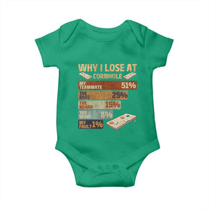 Funny Cornhole Player Baby Onesie Retro Why I Lose Game Day Bean Bag Toss Game TS10 Irish Green Print Your Wear