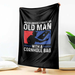 Funny Cornhole Player Throw Blanket Never Underestimate An Old Man With A Cornhole Bag TS10 Print Your Wear