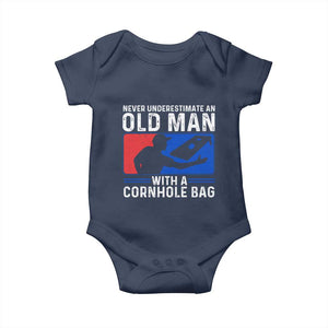 Funny Cornhole Player Baby Onesie Never Underestimate An Old Man With A Cornhole Bag TS10 Navy Print Your Wear
