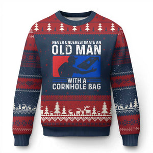 Funny Cornhole Player Ugly Christmas Sweater Never Underestimate An Old Man With A Cornhole Bag TS10 Navy Red Print Your Wear