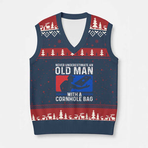 Funny Cornhole Player V-Neck Knit Sweater Vest Never Underestimate An Old Man With A Cornhole Bag TS10 Navy Red Print Your Wear