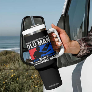 Funny Cornhole Player Tumbler With Handle Never Underestimate An Old Man With A Cornhole Bag TS10 Print Your Wear