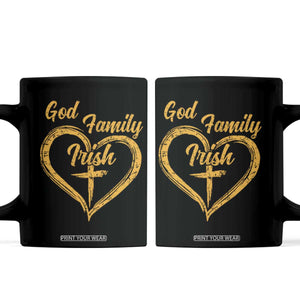 God Family Irish Coffee Mug Vintage Cross In Heart Christian Notre Dame Game Day TS10 Black Print Your Wear