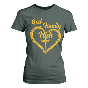 God Family Irish T Shirt For Women Vintage Cross In Heart Christian Notre Dame Game Day TS10 Dark Forest Green Print Your Wear